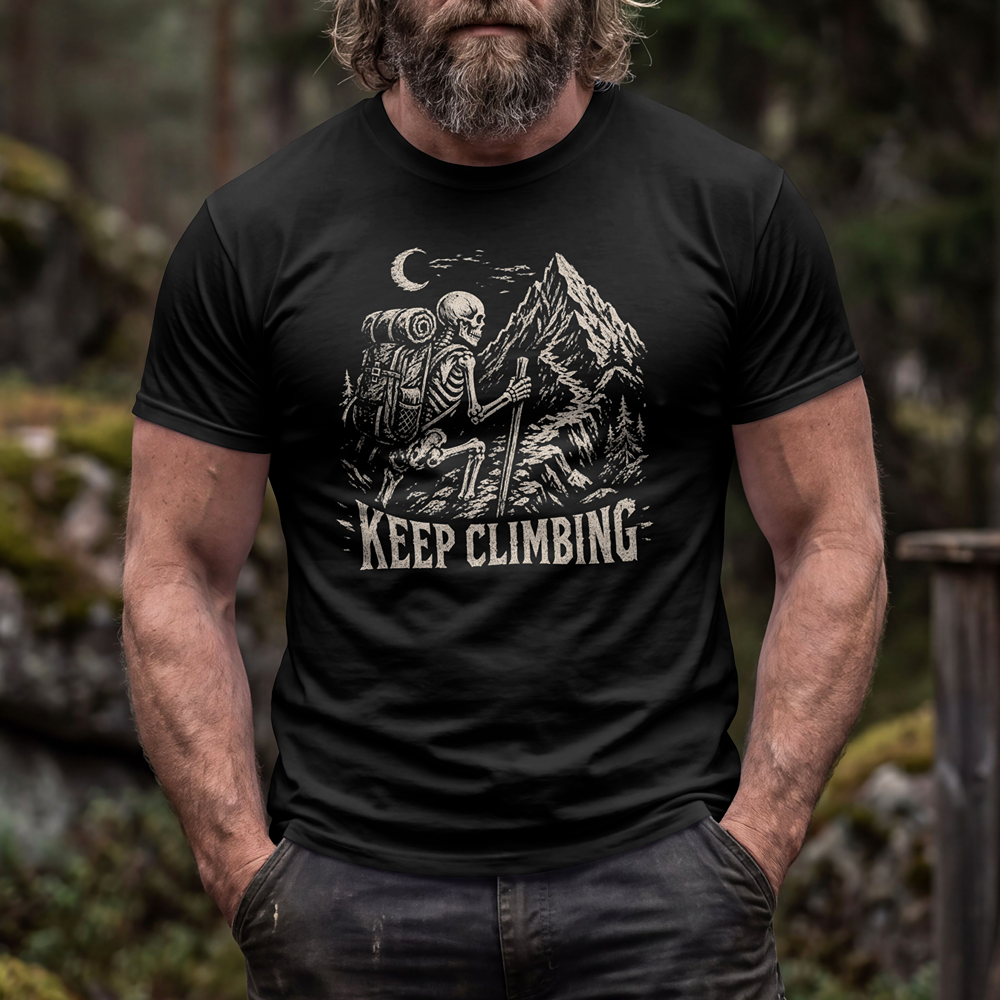 Keep Climbing Hiking T-Shirt — Skeleton Backpacker Mountain Tee